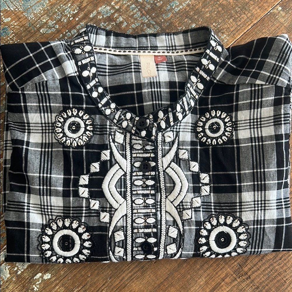Pilco by Anthropologie Black and White Plaid Embellished Embroidered Top